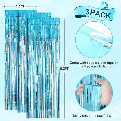 Voircoloria Light Blue Foil Fringe Backdrop Curtains, 3 Pack | Tinsel Streamers - Image 3