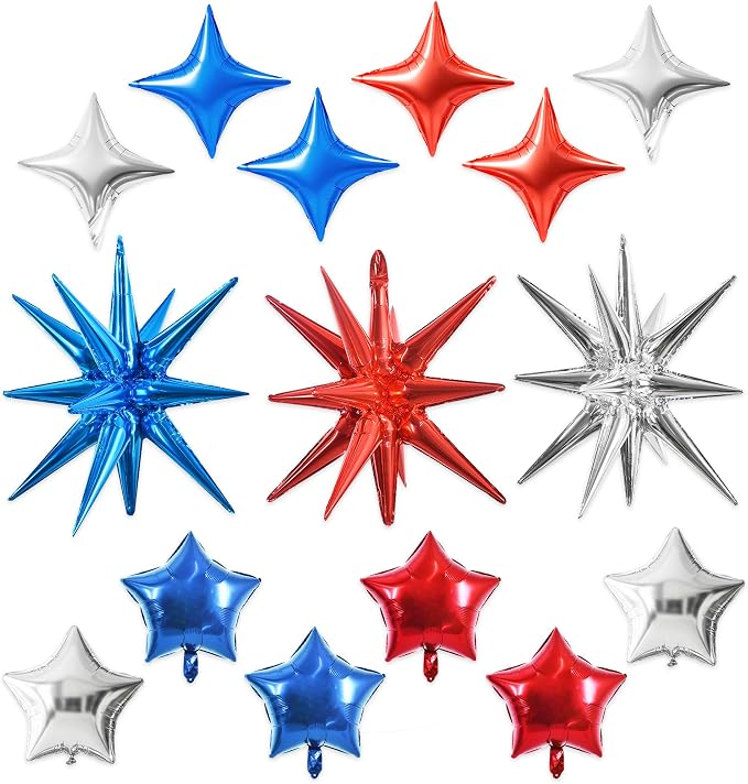 TONIFUL 22Inch 15Pcs Red Blue Silver Explosion Star Balloons and 10Inch Four by TONIFUL