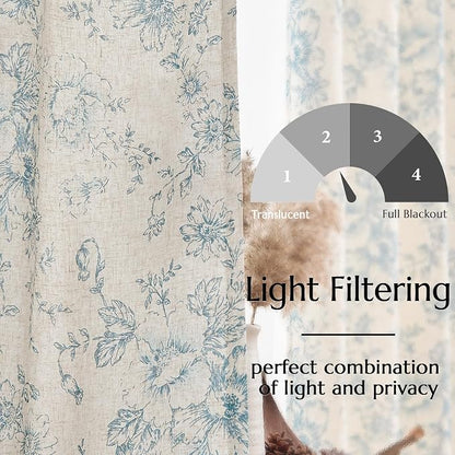 jinchan Blue Floral Linen Curtains Lined 96 Inch Vintage Back Tab 2 Panels | - Image 4
