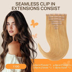 DOORES Seamless Clip in Hair Extensions, Honey Blonde 110g 7pcs 14 Inch, Thick Clip in Human Hair Extensions Straight Trick Seamless Invisi Edge Weft
