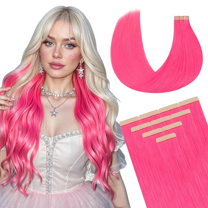 DOORES Hair Extensions Human Hair Tape in, Hot Pink 14 Inch 25g 10pcs, Tape in Human Hair Extensions Remy Straight Hair Double Side Tape Remy Human Hair Extensions