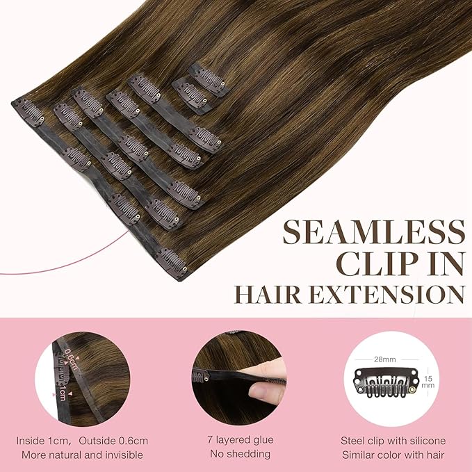 GOO GOO Clip in Hair Extensions Real Human Hair, Remy Human Hair Extensions Clip ins for Women, Natural Human Hair, 22 Inch 160g 7Pcs, 2C/4E/6C Brown Sugar Swirl Highlights