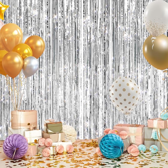 2Pack Silver Metallic Tinsel Foil Fringe Curtains, Door Streamer Photo Booth - Image 4