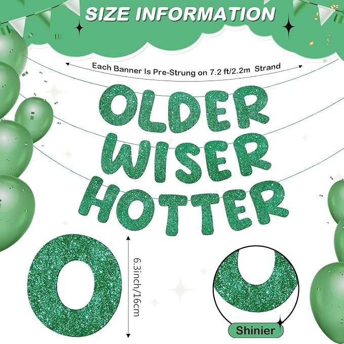 Fulmoon Set of 3 Pre Strung Older Wiser Hotter Glitter Banner Funny Birthday - Image 3