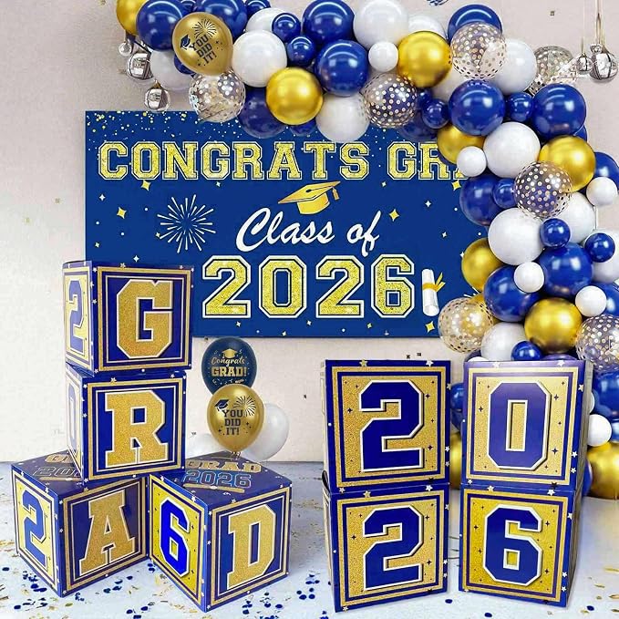 Graduation Decorations 2026 Navy Blue and Gold Balloon Boxes, Class of 2026 by Unknown