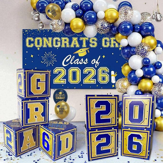 Graduation Decorations 2026 Navy Blue and Gold Balloon Boxes, Class of 2026 by Unknown