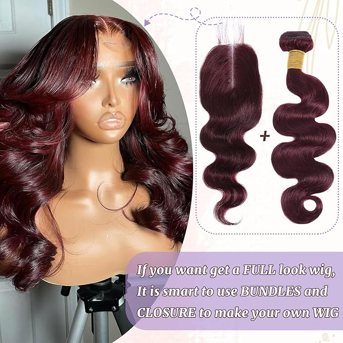 99J Human Hair Bundles Body Wave Burgundy Dark Red Wine Color Body Wave Bundles 100% Real Human Hair 20 22 24 Inch True To Length 3 Pcs/Pack