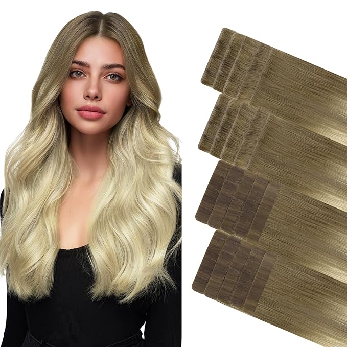 GOO GOO Invisi Edge Tape in Hair Extensions Human Hair, 9/60 Balayage Ash Brown to Platinum Blonde 10pcs injected with 10pcs classical tape ins, 16inch 50g, Virgin Remy Hair, Natural Look