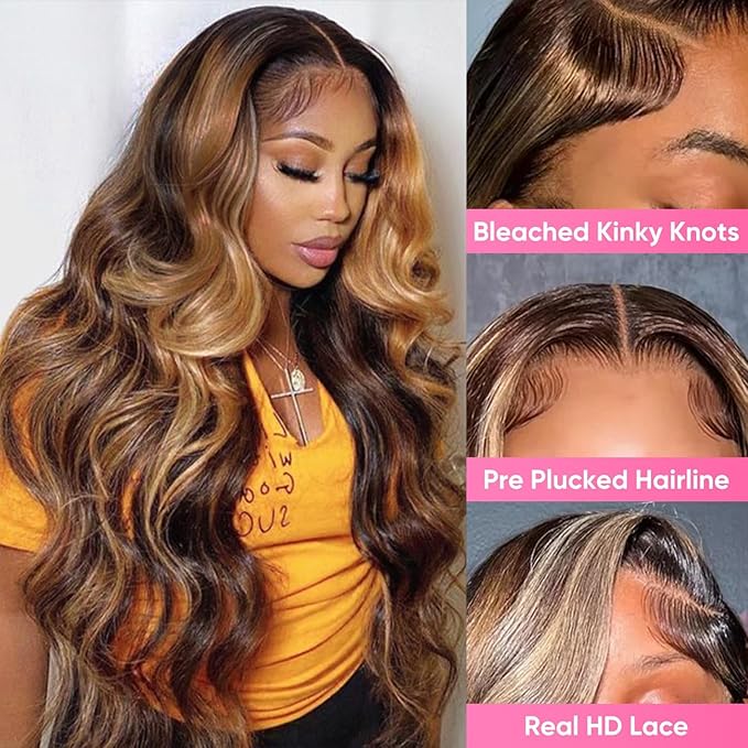 Honey Blonde Ombre 13x6 Lace Front Wig Human Hair 210 Density Highlight Body Wave Lace Front Wigs Human Hair Pre Plucked Glueless Lace Frontal Wig for Women 4/27 Colored 28Inch
