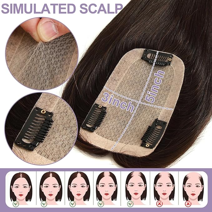 Hair Toppers for Women Real Human Hair, 3x5 Inch Injected Silk Base No Bangs 16 Inch Length 130% Density Hairpieces #1C Natural Black (Subtle Red Undertones in Sunlight)