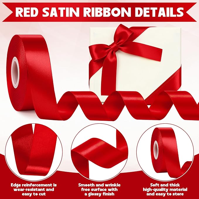 1In 30Yards Red Satin Ribbon for Gift Wrapping Wedding Valentine Christmas | - Image 3