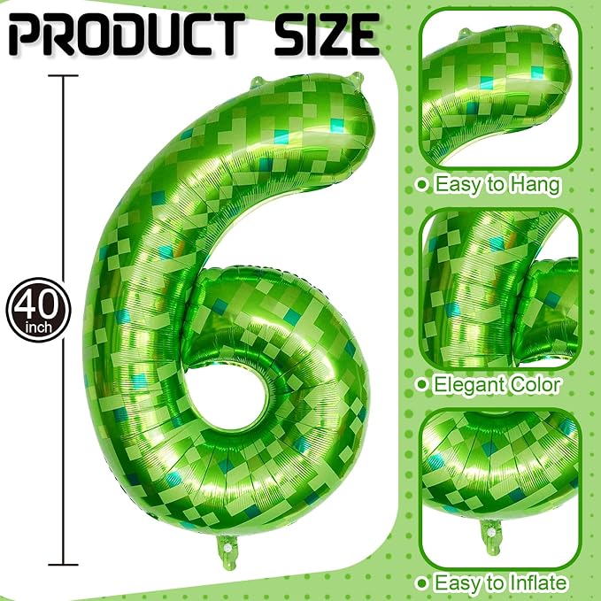 Gaint Green Pixel Number 6 Balloon, Dark Kelly Green Self Inflating 6 Balloons - Image 2