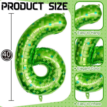 Gaint Green Pixel Number 6 Balloon, Dark Kelly Green Self Inflating 6 Balloons - Image 2