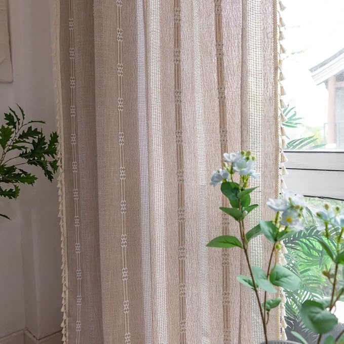 Linen Embroidery Striped Farmhouse Curtains - Image 2