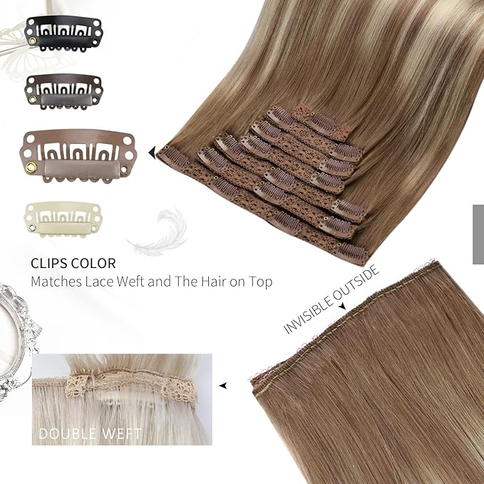 Moresoo Clip in Hair Extensions Brown to Blonde Clip in Extensions Real Human Hair Ombre Light Brown to Medium Blonde for Long 22 inch Double Weft 120g/7pcs