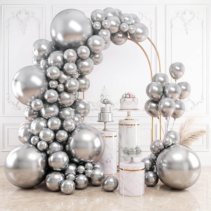 RUBFAC Metallic Silver Balloons Different Sizes Balloon Arch 154pcs | Garland by RUBFAC