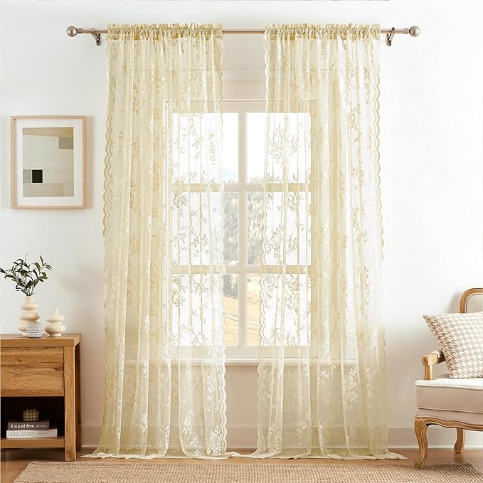 SEEKRIGHT Beige Lace Curtains 54 Inch Length Country Floral Curtains - Image 2