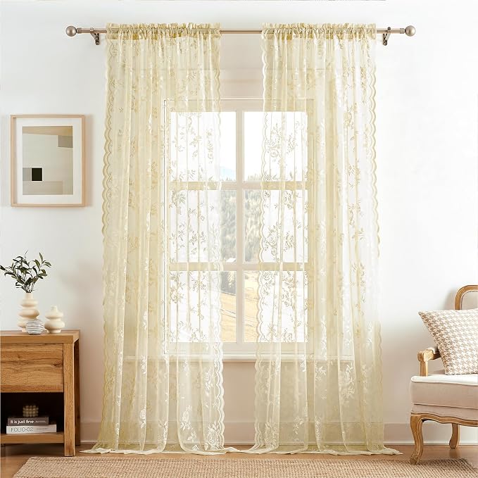 Beige Lace Curtains 120 Inches Long 2 Panels Vintage Floral Sheer Curtains by SEEKRIGHTHomeDecor