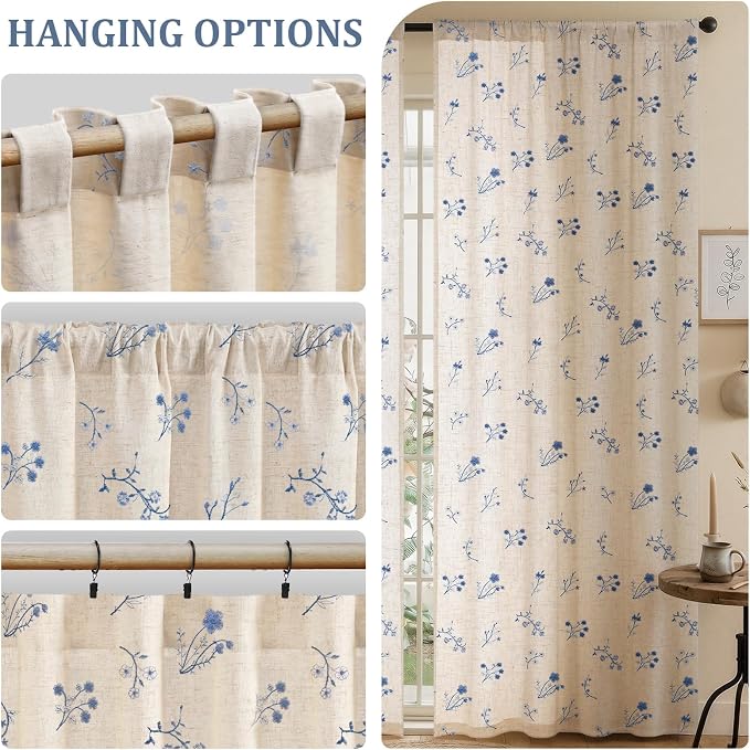 Blue Floral Embroidered Light Filtering Curtains 84 Inch 2 Panels | Linen Blend - Image 5