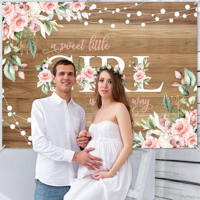 8 x 6 ft Rustic Wood Baby Shower Backdrop A Sweet Little Girl is on Her Way - Image 4