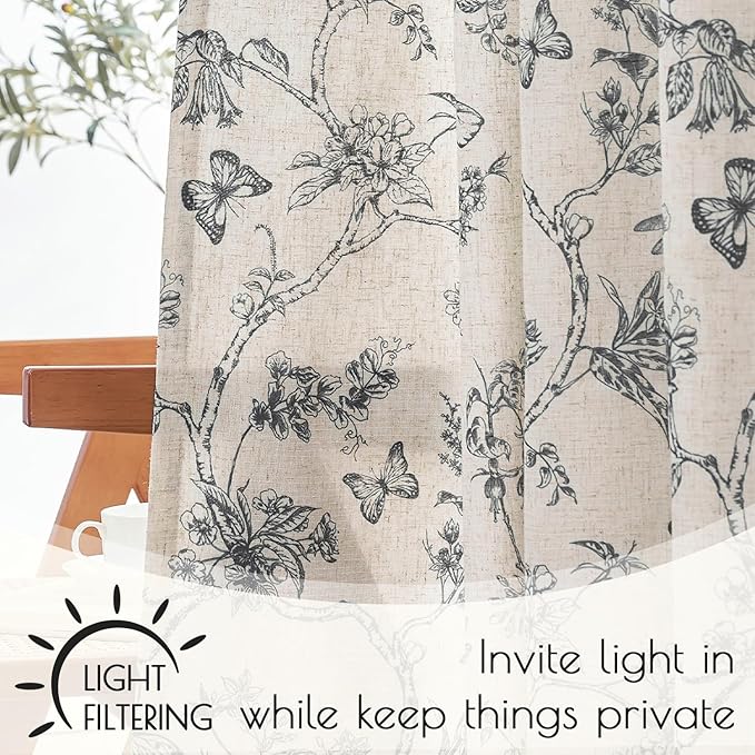 Black Floral Linen Lined Curtains Rod Pocket 50W X 84L 2 Panels | Charlotte - Image 4