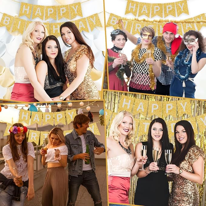Gold Happy Birthday Banner - 16 ft Pre-Strung Gold Birthday Party Decorations - Image 7