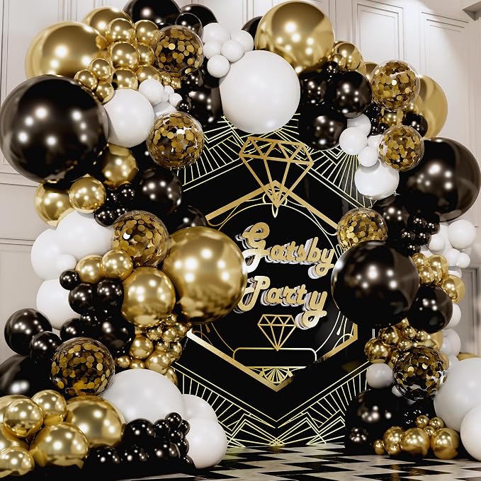 ALL-IN-1 Black White Gold Balloons Garland Kit & Arch – Small and Large Black by SherylDecor