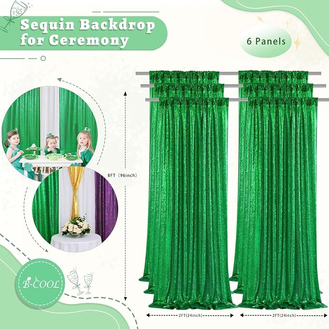 Green Sequin Curtains Backdrop 6 Pcs 2FTx8FT Shiny Shimmer Fabric | Glitter - Image 4