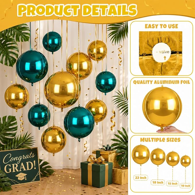 Biapian Green and Gold Round Balloons Foil, Metallic Gold Blue Large Balloons - Image 6