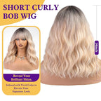 Curly Bob Wig with Bangs Short Wavy Ombre Blonde Wigs for Women Lob Haircut Synthetic Heat Resistant Bob Wigs 14IN