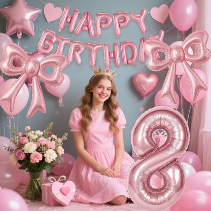 Bow Number 8 Birthday Balloons, Coquette Party Decorations Supplies - Image 2
