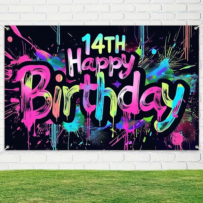 HOMETITUTE Glow in The Dark 14th Birthday Banner 71x43 Inch Colorful Paint - Image 4