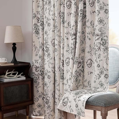jinchan Black Floral Linen Blackout Curtains 96 Inch Back Tab 2 Panels | - Image 8