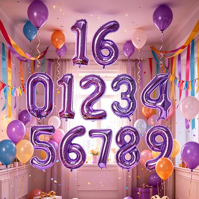 2 Set 20 Pcs Number Balloons 16 Inch Purple 0-9 Number Mylar Foil Balloons - Image 5