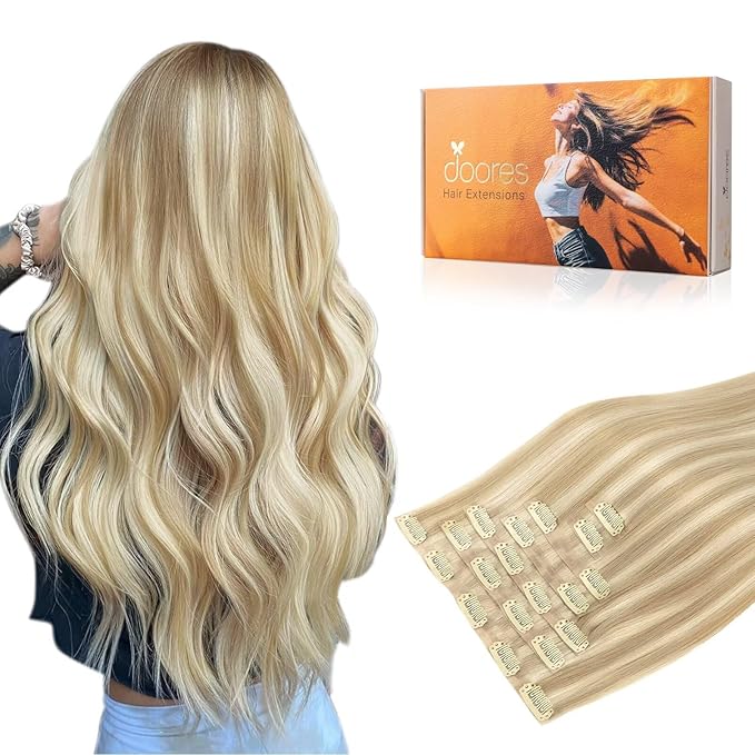 DOORES Clip in Hair Extensions Seamless, Dark Blonde Highlighted Bleach Blonde 20 Inch 150g 7pcs, Long Straight Human Hair Clip in Extensions