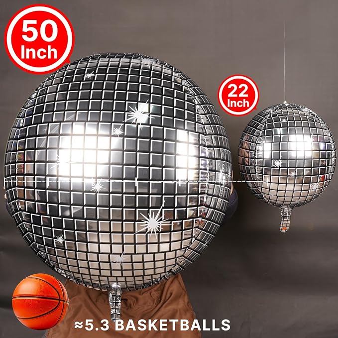 PartyWoo Silver Disco Ball Large Giant 4D Jumbo Foil Balloons 3pcs 50 Inch | 50 - Image 2