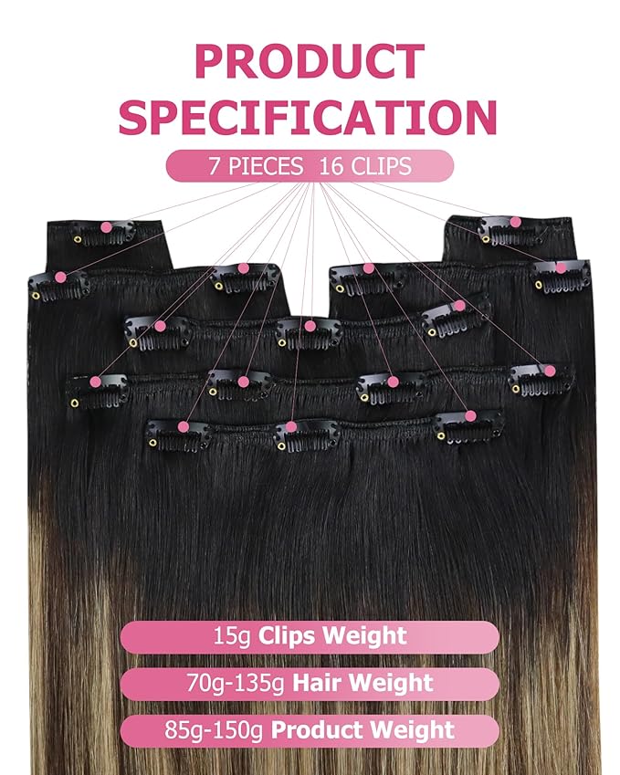 YoungSee 24 Inch Hair Extensions Clip ins Black Ombre Clip in Human Hair Extensions Ombre Natural Black to Blonde with Brown Balayage Human Hair Clip in Extensions for Long Hair 120G