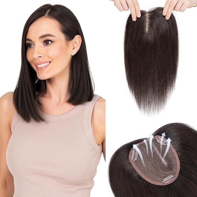 Hairro 100% Human Hair Topper No Bangs, Real Clip in Hair Hairpieces for Women, 3.94x4.72" Silk Base for Thinning Receding High Hairline, 10 Inch Natural Black Side Part