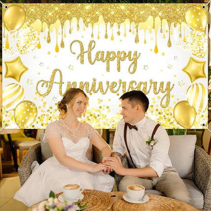 Mocsicka Happy Anniversary Banner White Gold Happy Anniversary Party - Image 7