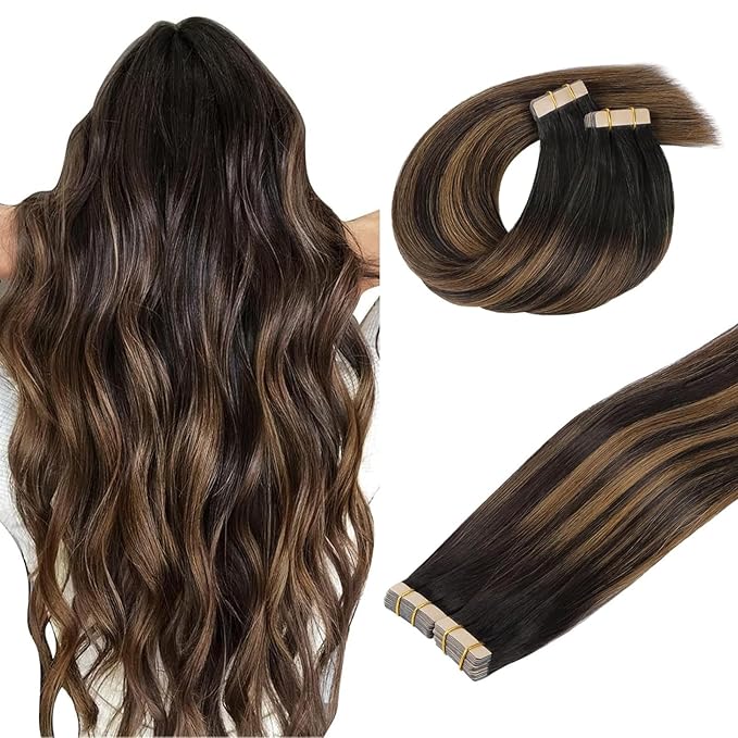 DOORES Tape in Hair Extensions Human Hair, Dark Brown to Chestnut Brown 40pcs 100g 20 Inch, Human Hair Extensions Tape in Natural Hair Skin Weft Silky