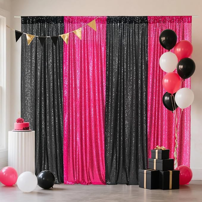 Eternal Beauty Black & Hot Pink Sequin Backdrop Curtains, 4 Panels 2x8FT | 3mm - Image 3