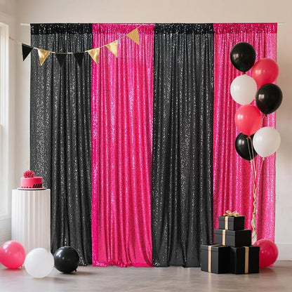 Eternal Beauty Black & Hot Pink Sequin Backdrop Curtains, 4 Panels 2x8FT | 3mm - Image 3