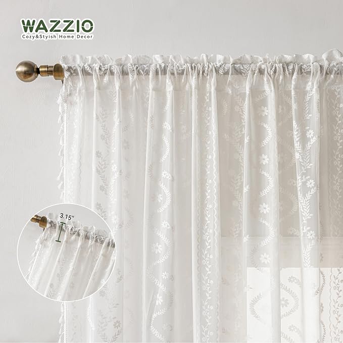 WAZZIO White Boho Lace Curtains 96 Inch -Cute Vintage Victorian Sheer Panel - Image 6