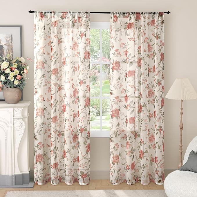 Floral Sheer Curtains for Bedroom Window 72 Inch Length 2 Panels, Farmhouse by Lajode