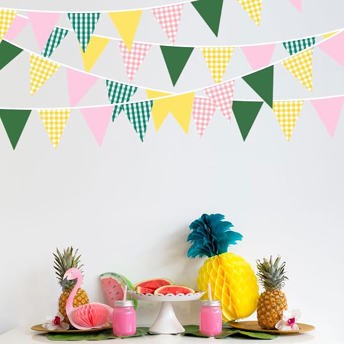 32Ft Camp Bride Party Decorations Pink Green Yellow Gingham Fabric Triangle - Image 7