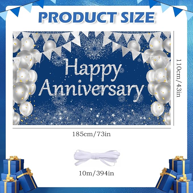 Blue Happy Anniversary Banner, Wedding Anniversary Sign Decorations Supplies - Image 2