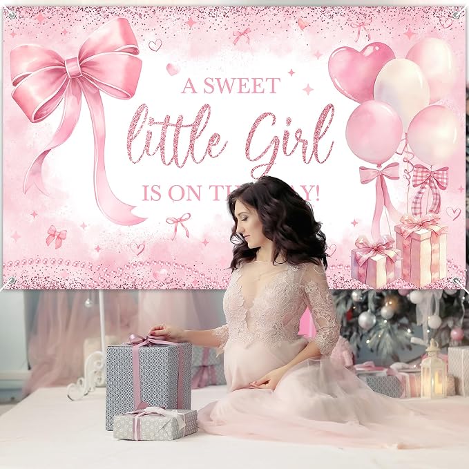 Pink Bow Baby Shower Banner Girl Baby Shower Party Decorations A Sweet Little - Image 6