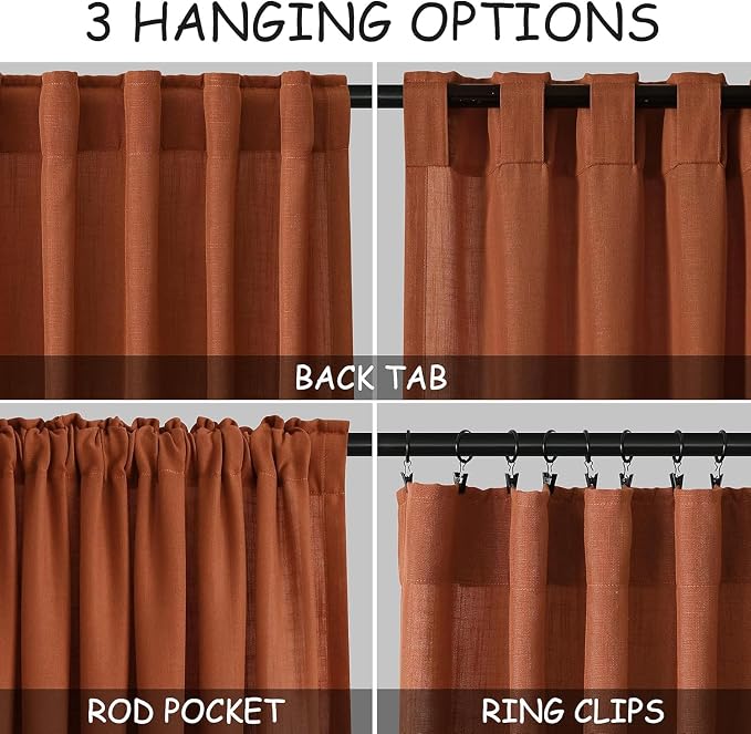 Rustic Farmhouse Linen Curtains 96 Inches Long 2 Panel Set Back Tab Terracotta - Image 2