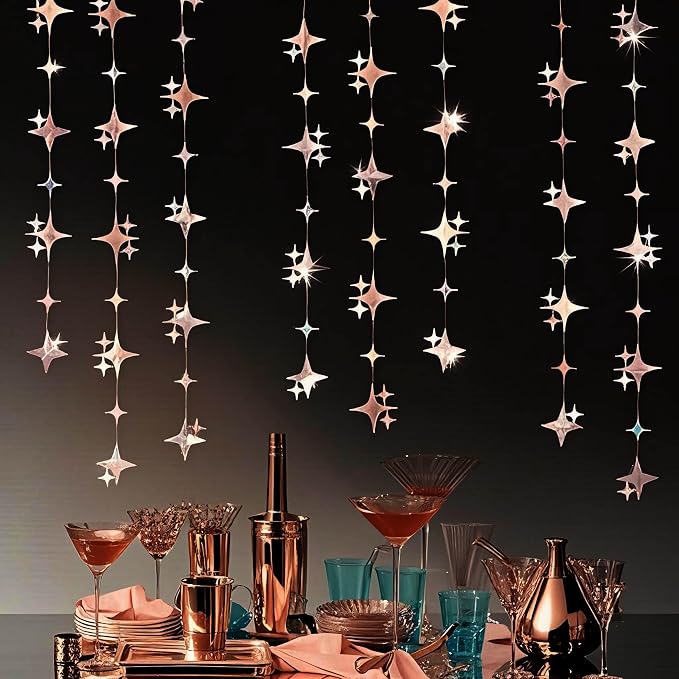 Glitter Rose Gold Four-Angle Star Paper Garland Banner Décor 40 Feet Twinkle - Image 4
