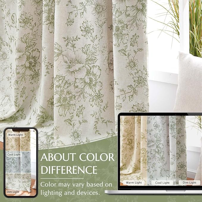 jinchan Green Floral Linen Blackout Curtains 84 Inch Back Tab 2 Panels | - Image 6